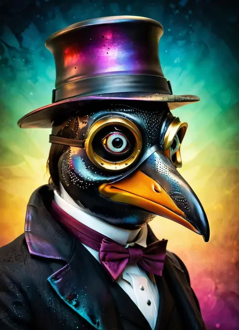 award winning studio (style of Andrew Ferez) photo of the (penguin:1.1) wearing (plague doctor mask:1.3), made of <lora:CarbonFIberXL:0.8> carbonfiber, low key, high contrast, zbrush  <lora:add-detail-xl:0.8>  <lora:hp_lovecraft_XL:0.4> hp_lovecraft_style <lora:hyperkraximalism:0.45> hyperkraximalism (colorful background:1.2), subsurface scattering, Photorealistic, Hyperrealistic, analog style, realistic, film photography, soft lighting, heavy shadow