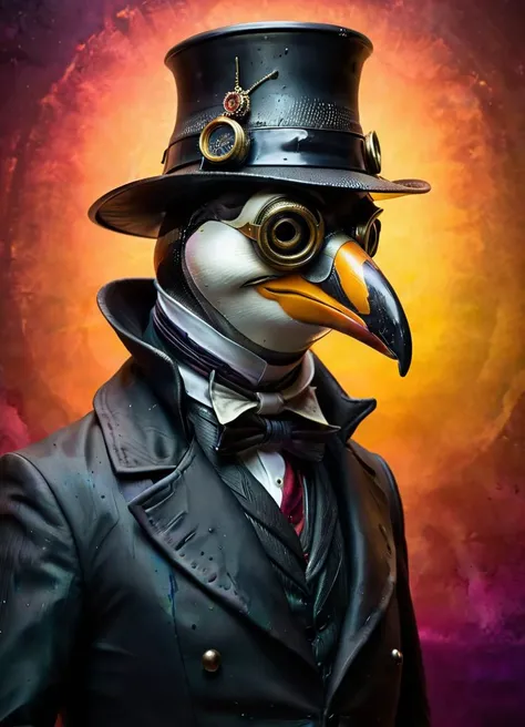 award winning studio (style of Andrew Ferez) photo of the (penguin:1.1) wearing (plague doctor mask:1.3), made of <lora:CarbonFIberXL:0.8> carbonfiber, low key, high contrast, zbrush <lora:add-detail-xl:0.8> <lora:hp_lovecraft_XL:0.4> hp_lovecraft_style <lora:hyperkraximalism:0.45> hyperkraximalism (colorful background:1.2), subsurface scattering, Photorealistic, Hyperrealistic, analog style, realistic, film photography, soft lighting, heavy shadow
