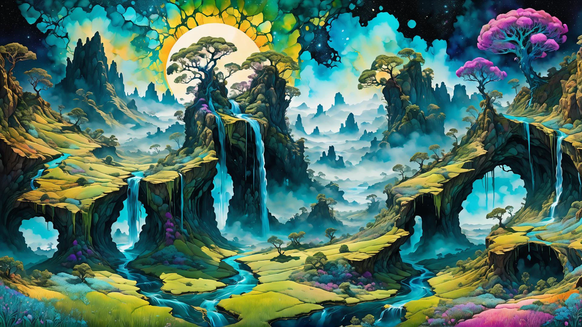 surreal biomorphic landscape art made by complex AI art prompt machine, crazy and beautiful, hyperdetailed, colorful, bioluminescent waterfall, strange style, meadow elements, whimsical biomechanical kingdom shire, digital art and alcohol ink painting mixed into one wonderful uncanny masterwork <lora:hyperkraximalism:0.65>