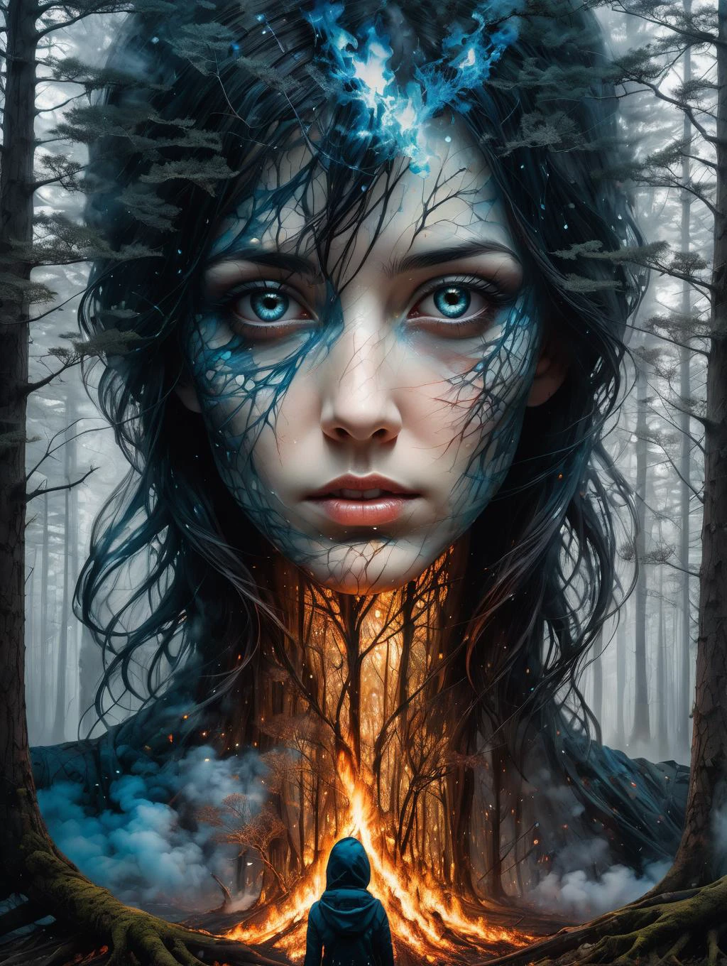 mysterious translucent silhouette woman in burning forest, by Minjae Lee, Carne Griffiths, Emily Kell, Steve McCurry, Geoffroy Thoorens, Aaron Horkey, Jordan Grimmer, amazing depth, dark eyes looking into your soul, double exposure, surreal, radial patterns, intricately detailed, bokeh, perfect balanced, deep fine borders, artistic photorealism , smooth, great masterwork by head of prompt engineering <lora:add-detail-xl:1> <lora:Double_Exposure:0.4> <lora:hyperkraximalism:0.33>