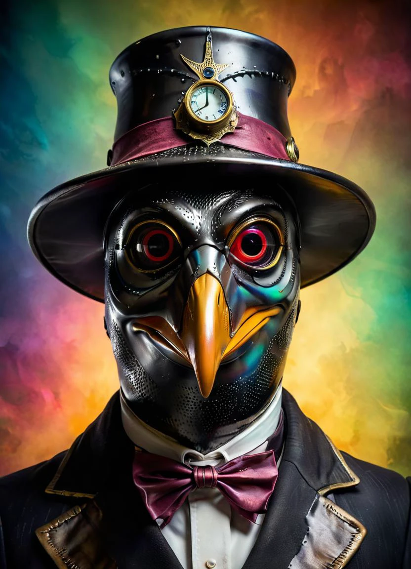 award winning studio (style of Andrew Ferez) photo of the (penguin:1.1) wearing (plague doctor mask:1.3), made of <lora:CarbonFIberXL:0.8> carbonfiber, low key, high contrast, zbrush <lora:add-detail-xl:0.8> <lora:hp_lovecraft_XL:0.4> hp_lovecraft_style <lora:hyperkraximalism:0.45> hyperkraximalism (colorful background:1.2), subsurface scattering, Photorealistic, Hyperrealistic, analog style, realistic, film photography, soft lighting, heavy shadow