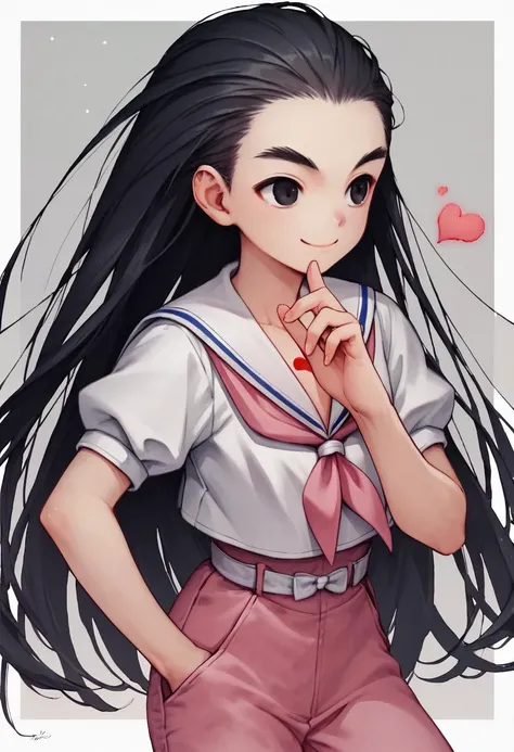 score_9, score_8_up, score_7_up, score_6_up, score_5_up, score_4_up,  source_anime, <lora:super_oume_otane-03:0.9> 1girl, solo, black eyes, hair slicked back, black hair, very long hair, white serafuku, school uniform,pink neckerchief,pink pants,white belt,sailor collar,short sleeves, [sandals:0.5], smile,
heart mark in fire on hand,