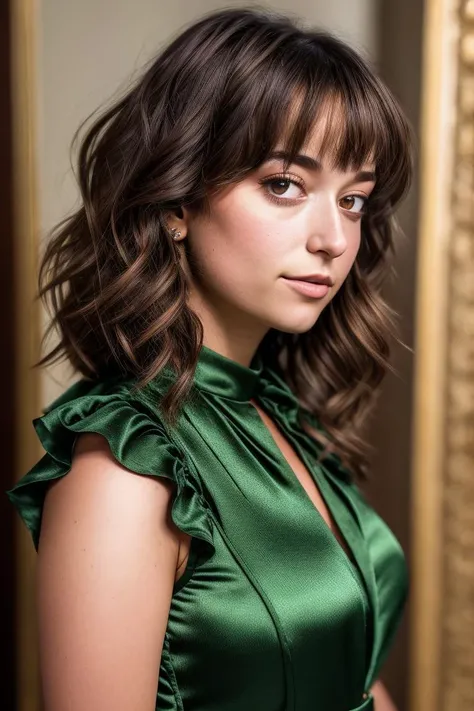 A stunning intricate full color portrait of a (m1l4n4v4yntrub:0.99), wearing a green high neck blouse, happy, epic character composition,by ilya kuvshinov, alessio albi, nina masic,sharp focus, natural lighting, subsurface scattering, f2, 35mm, film grain, portait, closeup, very detailed skin texture