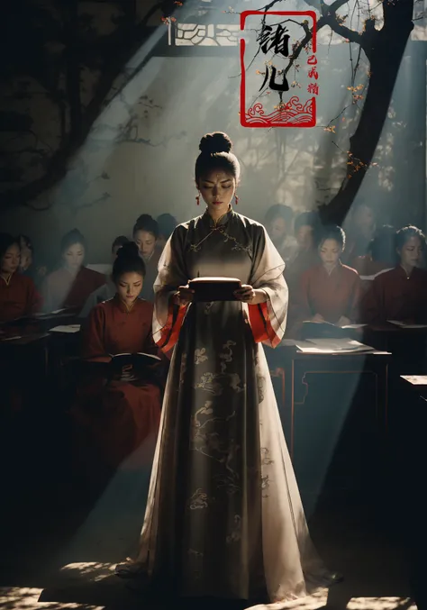 A grand Confucian academy, with scholars engrossed in ancient texts, with sunlight filtering through, casting a golden hue on the ground, Double exposure, Kodak Portra 400, Ultra wide view shot, W Magazine, by Alec Soth, Mario Giacomelli,
(full body:1.2), Milky skin, shiny skinA mature facesideways glance, (cold attitude,eyeshadow,eyeliner:1.1),(red lips:1.1),watery eyes,
(China Dress:1.4), (Dynamic Angle:1.4), (Perspective:1.1),
<lora:~Q?-Q[[fbConfucian academy:0.9>
