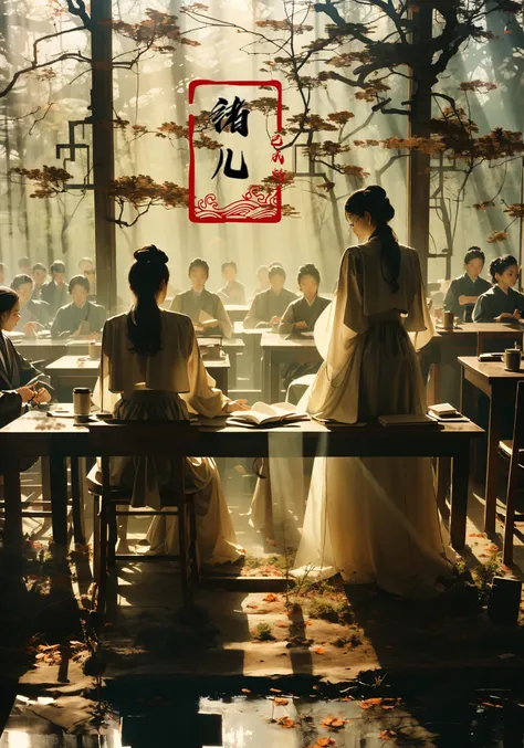 A grand Confucian academy, with scholars engrossed in ancient texts, with sunlight filtering through, casting a golden hue on the ground, Double exposure, Kodak Portra 400, Ultra wide view shot, W Magazine, by Alec Soth, Mario Giacomelli,
<lora:~Q?-Q[[fbConfucian academy:0.8>