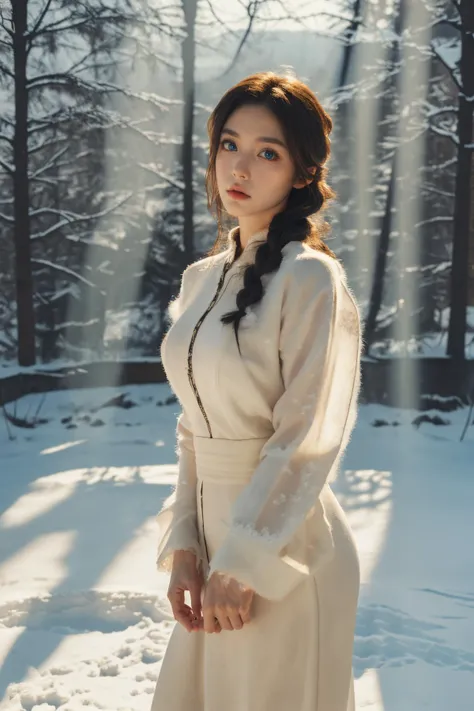 (Best Quality, Masterpiece:1.4), (Realism:1.2), (Realisitc:1.2), (Absurdres:1.2), (photorealistic:1.3), 1girl,Realistic Skin,Solo,( Very Big Eyes,beautiful detailed eyes, symmetric eyes), standing, ((cowboy shot)),snow, frozen lake,<lora:绪å¿-åå®¶å¦é¢Confucian academy:0.6>