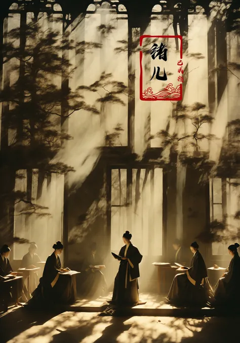 A grand Confucian academy, with scholars engrossed in ancient texts, with sunlight filtering through, casting a golden hue on the ground, Double exposure, Kodak Portra 400, Ultra wide view shot, W Magazine, by Alec Soth, Mario Giacomelli,
<lora:~Q?-Q[[fbConfucian academy:0.8>