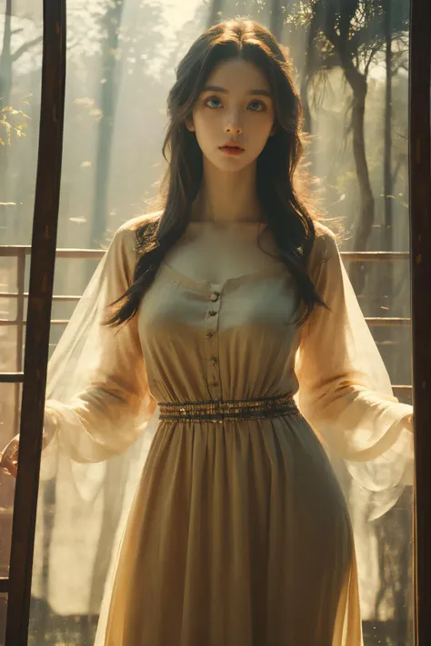 (Best Quality, Masterpiece:1.4), (Realism:1.2), (Realisitc:1.2), (Absurdres:1.2), (photorealistic:1.3), 1girl,Realistic Skin,Solo,( Very Big Eyes,beautiful detailed eyes, symmetric eyes), standing, ((cowboy shot)),valley, tree, lake,<lora:绪å¿-åå®¶å¦é¢Confucian academy:0.6>