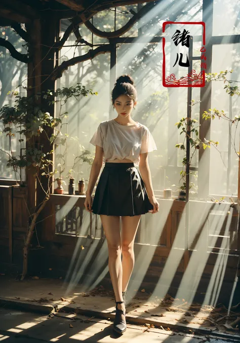 A grand Confucian academy, with scholars engrossed in ancient texts, with sunlight filtering through, casting a golden hue on the ground, Double exposure, Kodak Portra 400, Ultra wide view shot, W Magazine, by Alec Soth, Mario Giacomelli,
(full body:1.2), Milky skin, shiny skinA mature facesideways glance, (cold attitude,eyeshadow,eyeliner:1.1),(red lips:1.1),watery eyes,
(mini skirt with a ruffled hem paired with a simple white t-shirt:1.3), (Dynamic Angle:1.4), (Perspective:1.1),
<lora:~Q?-Q[[fbConfucian academy:0.8>
