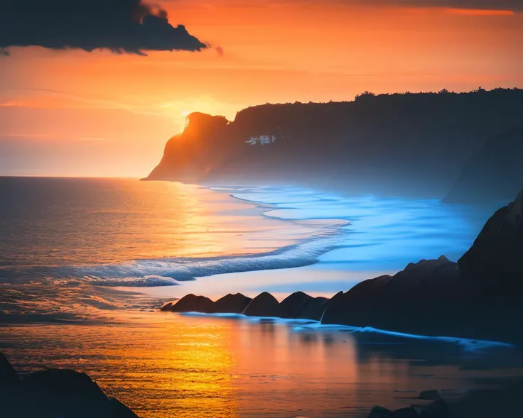 View on a beach overlooking the sea, light waves on the shore. Rocky cliffs, Magnificent, dramatic, gold orange sunrise reflecting on the water. Light wispy clouds. Reflections on water.
High Contrast, High Saturation, Highly detailed, high quality, masterpiece, ethereal, volumetric light, light rays, vibrant colors, depth of field.
<lora:landscapes-6-2023-04-27-120356-6faaedf2:0.8>
<lora:lightV1:1>