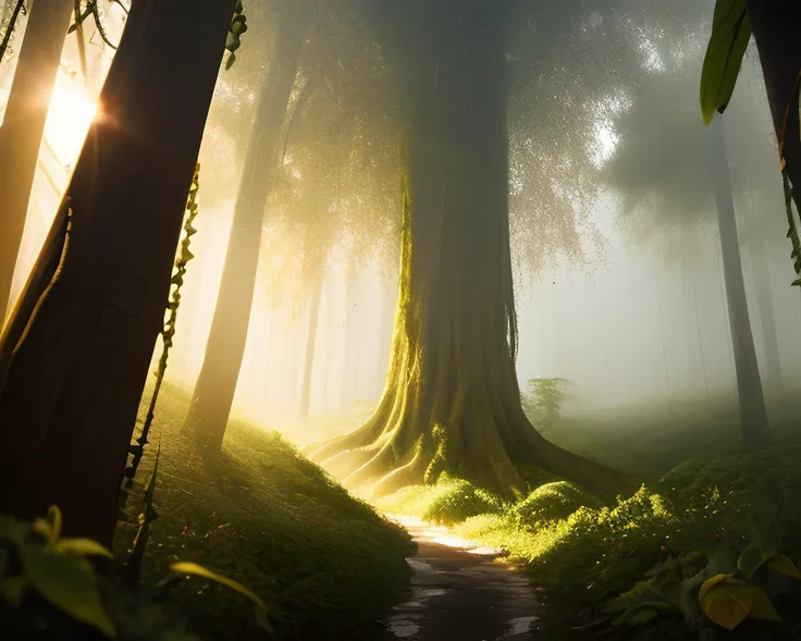 View in a jungle, with intense rainfall, vines all around, giant and wet trees, heavy morning mist.
High Contrast, High Saturation, Highly detailed, high quality, masterpiece, ethereal, particle effect, (dust, gust of wind:1.07), volumetric light, light rays, gold filigree, vibrant colors, depth of field.
<lora:landscapes-6-2023-04-27-120356-6faaedf2:0.8>
<lora:lightV1:0.5>
