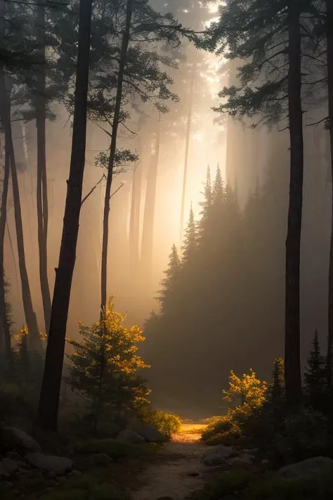 deep in a red tinted pine forest at dusk, foggy, ground view, matte painting, rocky, waterfall in distance, stunning detail, 4k, hd, clean, full of detail, sharp focus, rule of thirds by Makoto Shinkai, thomas kinkade, Karol Bak, trending on artstation