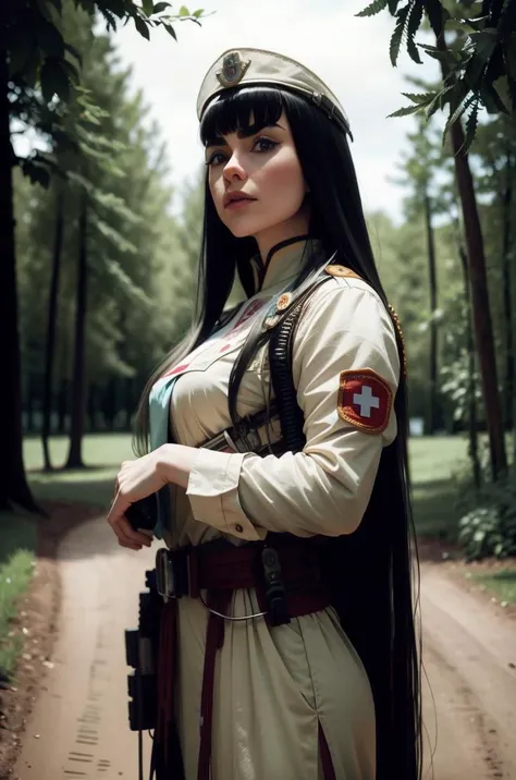 an awarded profesional photography of 1girl <lora:satsuki-killlakill-01:0.69> satsuki kiryuuin, long hair, very long hair, black hair, delicate face, blue eyes (pale white skin), beautiful silver eyes,) very short hair wavy hair ash blonde with motorcycle helmet with armband American Army Nurse Corps Uniform: White/blue/olive drab, dress/service uniform, service cap, red cross armband depressed,she make Standing with arms crossed at the chest pose feather boa in a in the land before time , in winter David Fincher Spotlights,(epic scene:1.3),ultradetialed character with perfect face,detailed skin,(ultrasharp:1.3),(masterpiece:1.1),best quality ,(photorealistic:1.2),ultrarealistic,realistic ultradetailed character,4k perfect quality,cowboy shot<lyco:GoodHands-beta2:1>Magnificent,Imperceptible detail,Intricately designed, <hypernet:sxzBloom_sxzBloom:0.6> hotify <lora:BohoAI:0.7> bohoai