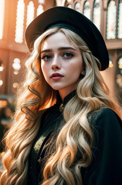 an awarded profesional photography of 1girl <lora:Bellatrix Lestrange:0.69> Harry Potter style, analog style (pale white skin), beautiful yellow eyes,) absurdly long hair curly hair platinum blonde with beret with bracelet clothing aside shy,she make arms crossed neckerchief in a greenhouse, in autumn by William Eggleston Emergency Lighting,(epic scene:1.3),ultradetialed character with perfect face,detailed skin,(ultrasharp:1.3),(masterpiece:1.1),best quality ,(photorealistic:1.2),ultrarealistic,realistic ultradetailed character,4k perfect quality,character focus,<lyco:GoodHands-beta2:1>Magnificent,Imperceptible detail,Intricately designed, <hypernet:sxzBloom_sxzBloom:0.6> hotify <lora:style:0.75> neostyle,cityscape,scenery
