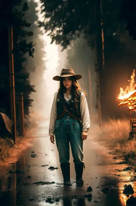 an awarded profesional photography of 1girl AM223_Lia_Lor (pale white skin), beautiful amethyst eyes,) long hair twin drills chocolate with chef hat with ring Post-apocalyptic, shabby Farmer Outfit: Straw hat, plaid shirt, overalls, rubber boots, work gloves. panicked,she make thoughtful pose aiguillette in a on the banks of a serene, winding river , in spring Roger Ballen Firelight,(epic scene:1.3),ultradetialed character with perfect face,detailed skin,(ultrasharp:1.3),(masterpiece:1.1),best quality ,(photorealistic:1.2),ultrarealistic,realistic ultradetailed character,4k perfect quality,character focus,<lyco:GoodHands-beta2:1>Magnificent,Imperceptible detail,Intricately designed, <hypernet:sxzBloom_sxzBloom:0.6> hotify <lora:style:0.75> neostyle,cityscape,scenery