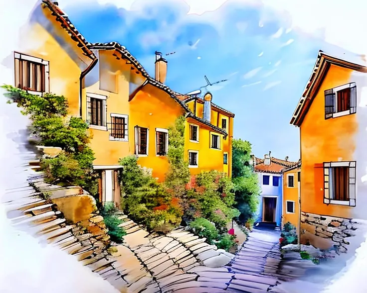 Street in a small village in the rural south of France. <lora:watercolorV1:1>