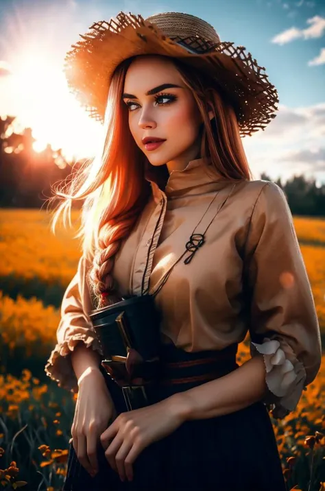 an awarded profesional photography of 1girl <lora:satania_multimerge:0.69> satania , red hair, falt chest, (pale white skin), beautiful amber eyes,) five-strand braid messy hair titian with veil with detached sleeves Post-apocalyptic, shabby Farmer Outfit: Straw hat, plaid shirt, overalls, rubber boots, work gloves. pitiful,she make Winking pose Cat on shoulder in a farm, in summer Wes Anderson LED Lighting,(epic scene:1.3),ultradetialed character with perfect face,detailed skin,(ultrasharp:1.3),(masterpiece:1.1),best quality ,(photorealistic:1.2),ultrarealistic,realistic ultradetailed character,4k perfect quality,cowboy shot<lyco:GoodHands-beta2:1>Magnificent,Imperceptible detail,Intricately designed, <hypernet:sxzBloom_sxzBloom:0.6> hotify <lora:æå
V1 style:0.72> nvshen, glass,broken glass,sunlight,,glass,broken glass,sunlight