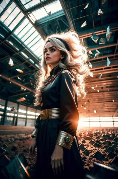 an awarded profesional photography of 1girl <lora:Bellatrix Lestrange:0.69> Harry Potter style, analog style (pale white skin), beautiful red eyes,) dutch fishtail braid messy hair brown with nejiri hachimaki with claw ring Soviet Red Army Female Uniform: M35 Gimnastyorka tunic, breeches/skirt, pilotka cap/beret, tall boots, insignia euphoric,she make Balancing on tiptoes pose Cat on shoulder in a farm , in autumn Wes Anderson LED Lighting,(epic scene:1.3),ultradetialed character with perfect face,detailed skin,(ultrasharp:1.3),(masterpiece:1.1),best quality ,(photorealistic:1.2),ultrarealistic,realistic ultradetailed character,4k perfect quality,cowboy shot<lyco:GoodHands-beta2:1>Magnificent,Imperceptible detail,Intricately designed, <hypernet:sxzBloom_sxzBloom:0.6> hotify <lora:æå
V1 style:0.72> nvshen, glass,broken glass,sunlight,,glass,broken glass,sunlight