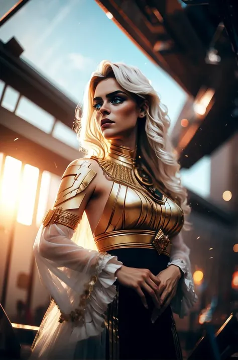 an awarded profesional photography of 1girl  <lora:Mel_Medarda-v1:0.69> mel medarda, gold armor, black hair, long hair, gold hair jawellery, delicate face  (pale white skin), beautiful turquoise eyes,)  long hair  messy hair platinum blonde  with sweatband  with wide sleeves corset dress melancholy,she make leg lift  shawl  in a stage, in spring by Larry Sultan Top Lighting,(epic scene:1.3),ultradetialed character with perfect face,detailed skin,(ultrasharp:1.3),(masterpiece:1.1),best quality ,(photorealistic:1.2),ultrarealistic,realistic ultradetailed character,4k perfect quality,cowboy shot<lyco:GoodHands-beta2:1>Magnificent,Imperceptible detail,Intricately designed, <hypernet:sxzBloom_sxzBloom:0.6> hotify <lora:æåV1 style:0.72> nvshen, glass,broken glass,sunlight,,glass,broken glass,sunlight