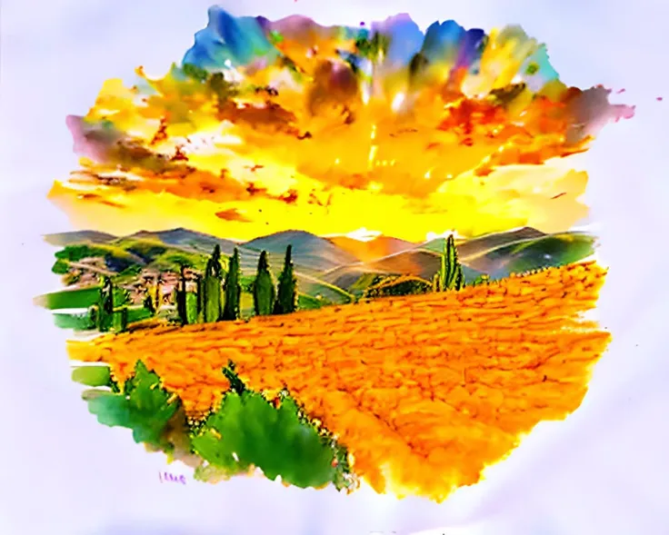 Tuscany landscape, vineyards, hills. Yellow-orange sunrise. <lora:watercolorV1:1>