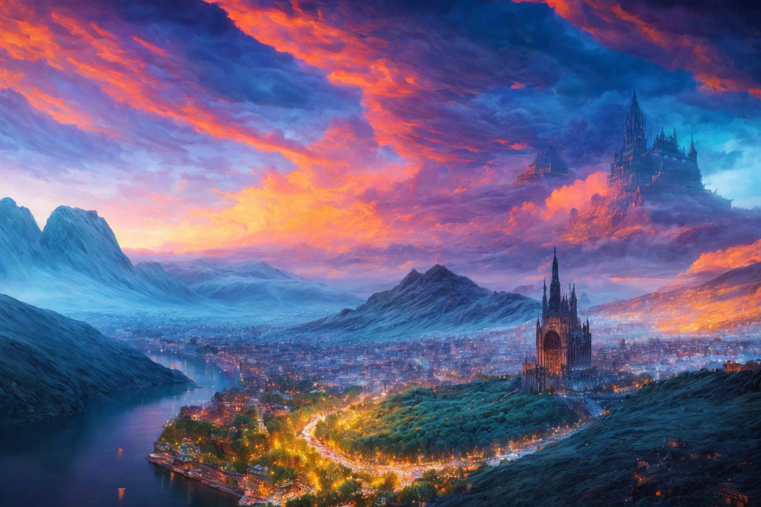 a photography of perfect landscape with crystal palace and golden streets with , epic scenery, silver river around, detailed gothic architecture <lora:add_detail:1> intricate detail, masterpiece, ultrarealistic, fantasy art, cocnept art, photorealistic digital paiting, ultradetialed, perfect quality, best quality, dramatic lights, <lora:improve_backgrounds:1> ultrasharp