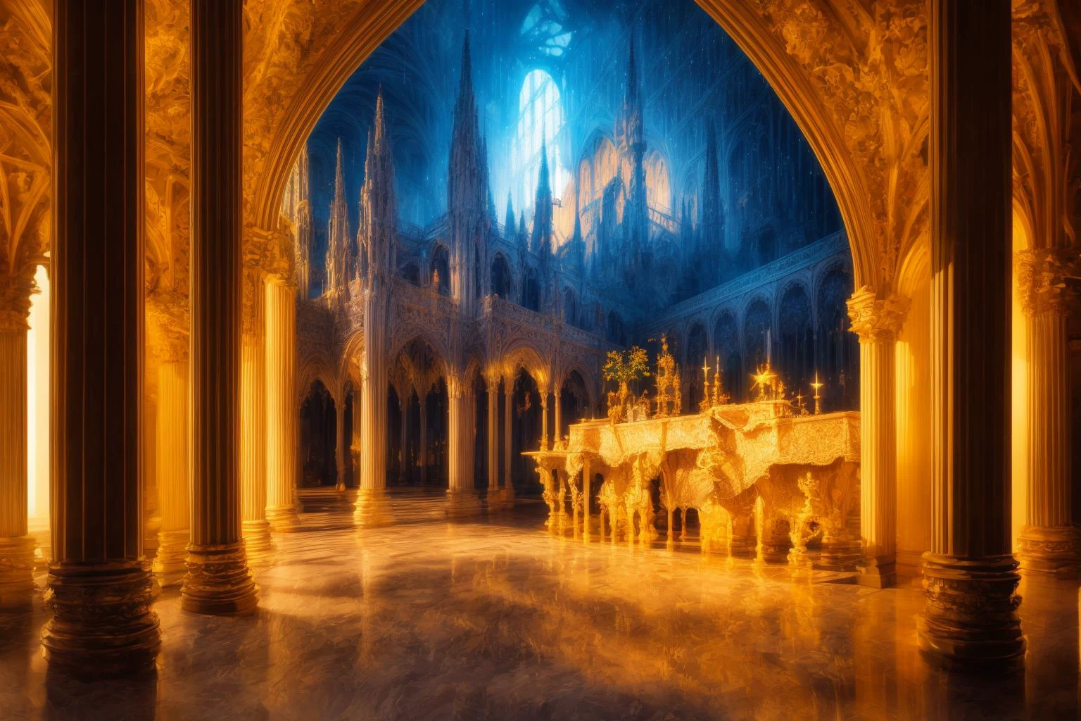 a photography of perfect landscape with crystal palace and golden streets with , epic scenery, silver river around, detailed gothic architecture <lora:add_detail:1> intricate detail, masterpiece, ultrarealistic, fantasy art, cocnept art, photorealistic digital paiting, ultradetialed, perfect quality, best quality, dramatic lights, <lora:Nardack:1> crystal castle, castle of glass ultrasharp