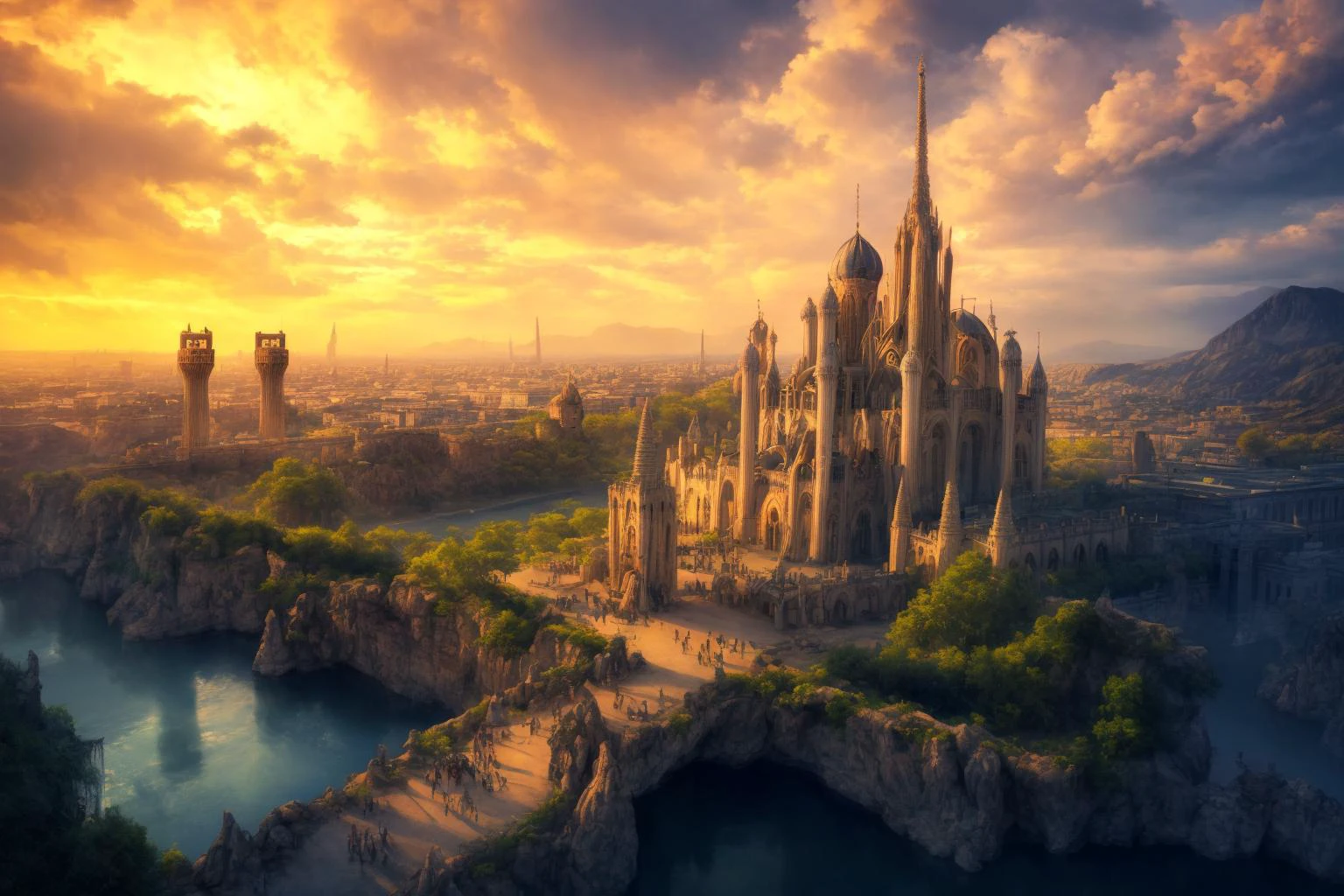 a photography of perfect landscape with crystal palace and golden streets with , epic scenery, silver river around, detailed gothic architecture <lora:add_detail:1> intricate detail, masterpiece, ultrarealistic, fantasy art, cocnept art, photorealistic digital paiting, ultradetialed, perfect quality, best quality, dramatic lights, <lora:Nardack:1> crystal castle, castle of glass ultrasharp