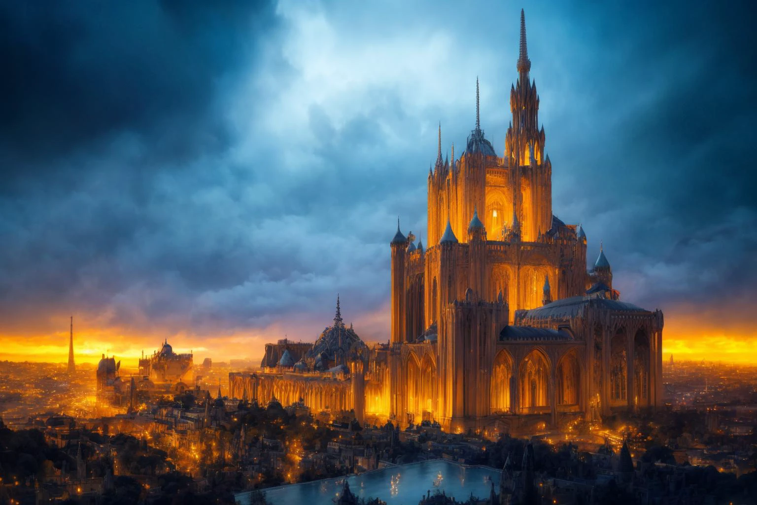 a photography of perfect landscape with crystal palace and golden streets with , epic scenery, silver river around, detailed gothic architecture <lora:add_detail:1> intricate detail, masterpiece, ultrarealistic, fantasy art, cocnept art, photorealistic digital paiting, ultradetialed, perfect quality, best quality, dramatic lights, <lora:Nardack:1> crystal castle, castle of glass ultrasharp