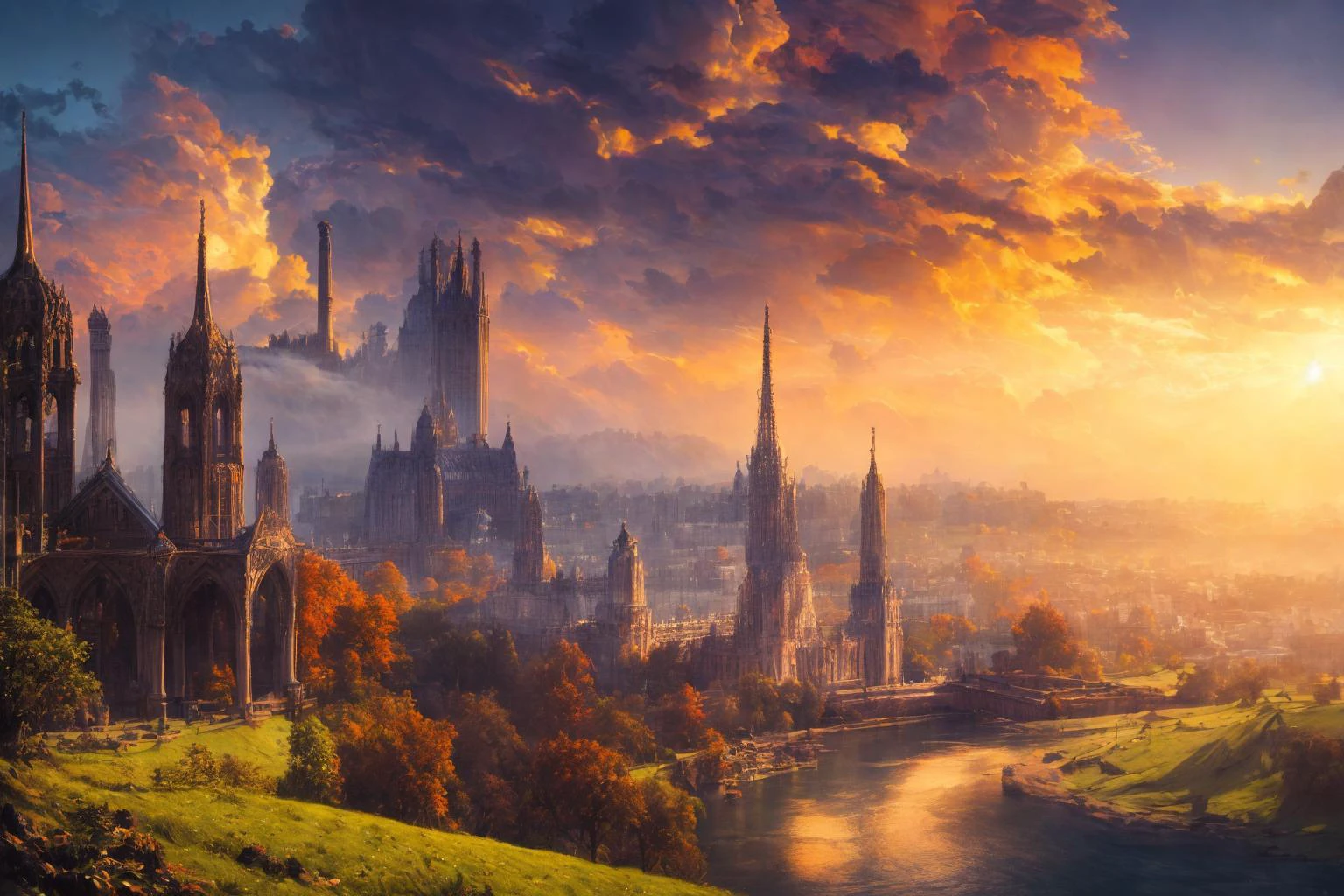 a photography of perfect landscape with crystal palace and golden streets with , epic scenery, silver river around, detailed gothic architecture <lora:add_detail:1> intricate detail, masterpiece, ultrarealistic, fantasy art, cocnept art, photorealistic digital paiting, ultradetialed, perfect quality, best quality, dramatic lights, <lora:improve_backgrounds:1> ultrasharp