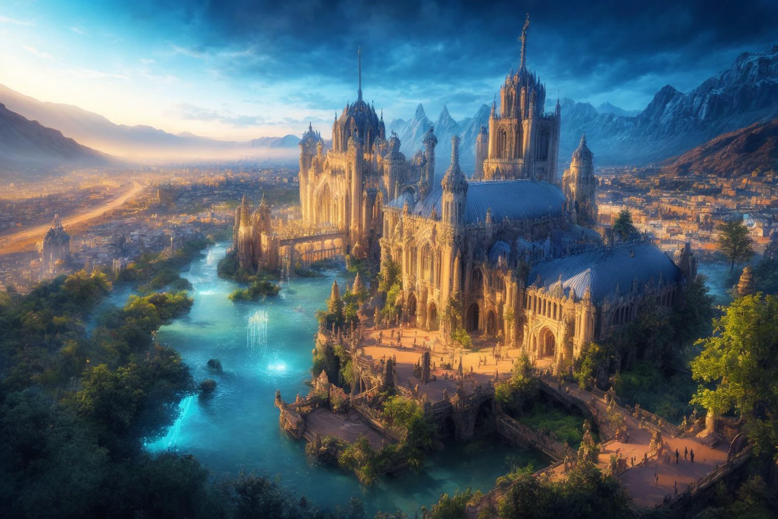 a photography of perfect landscape with crystal palace and golden streets with , epic scenery, silver river around, detailed gothic architecture <lora:add_detail:1> intricate detail, masterpiece, ultrarealistic, fantasy art, cocnept art, photorealistic digital paiting, ultradetialed, perfect quality, best quality, dramatic lights, <lora:Nardack:1> crystal castle, castle of glass ultrasharp