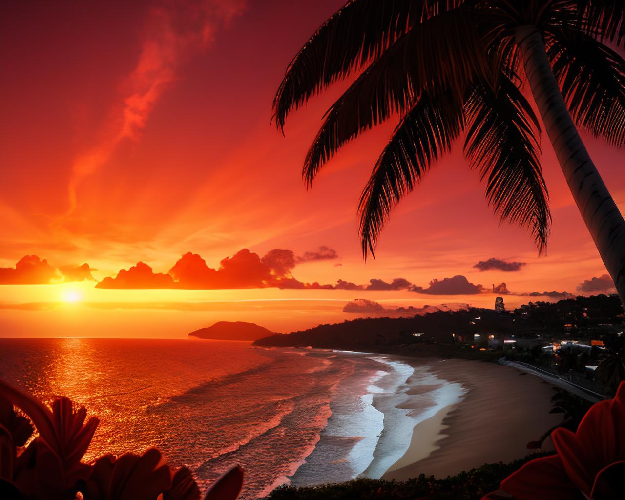 Arafed view of a beach with palm trees and a sunset - SeaArt AI