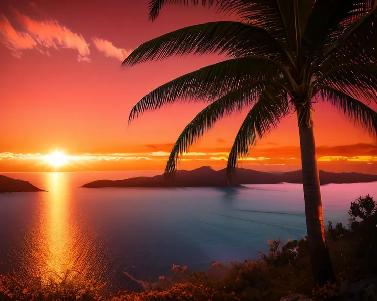 View toward a lush tropical island, calm waves on the beach, palm trees, dense tropical forest on the hillside in the bacground. Dramatic red orange sunset.
High Contrast, High Saturation, Highly detailed, high quality, masterpiece, ethereal, particle effect, (dust, gust of wind:1.07), volumetric light, light rays, goldfiligree, vibrant colors, bokeh, depth of field.
<lora:landscapes-6-2023-04-27-120356-6faaedf2:0.5>
<lora:lightV1:0.5>