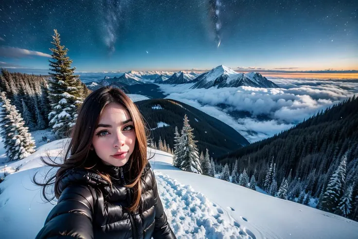 Masterpiece beautiful photograph of (woman), selfie, mountain , stars, foggy forest, night time, snow