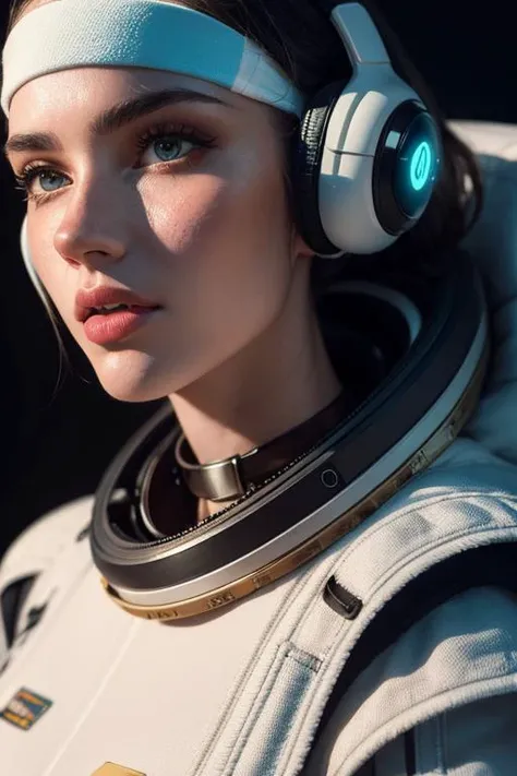 1 young woman, beautiful, spacesuit outer space scifi, glowing necklace , rim light (realistic, photorealistic, masterpiece) Alessio Albi, enki bilal <lora:more_detail:1>