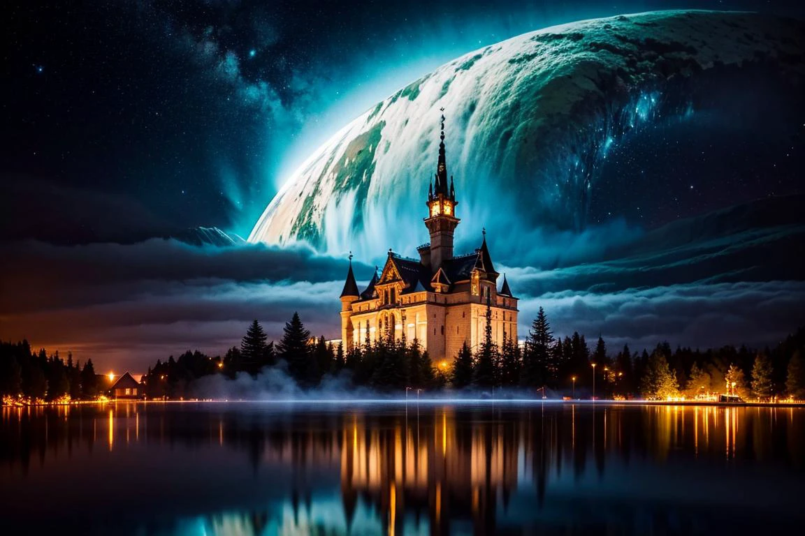 High quality, Ultra high definition, 8k, hdr, masterpiece, volumetric lighting, ambrosia, volumetric lighting light particles, will-o'-the-wisp \(mythology\), ambience synesthesia, pendants, satchel, ouroboros, oro, ((green|violet|light blue)) moonlight, pillars of creation, (((night,dark scene, dim lit))),
light painting, Beautiful, water, stars, foggy, fireflies, (((night,dark scene, dim lit))), sigils, magic circles, ritual, ((floating island)), castle, droplets,