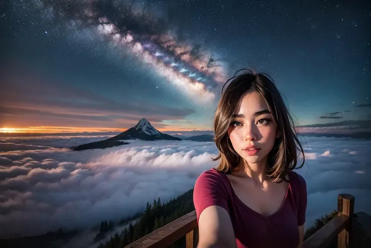 Masterpiece beautiful photograph of (Woman), selfie, mountain , stars, foggy forest, night time