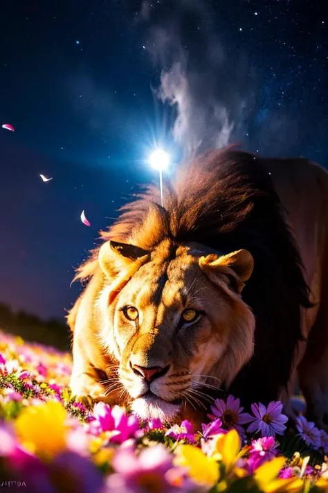 lion, Masterpiece High definition Photograph image of a beautiful woman hair swaying in the wind surrounded in flower petals, volumetric lighting, optical flares, parhelia, Chromatic aberration, FOV90, Depth of field, Exposure, Macro, High dynamic range (HDR), Rule of thirds, Shutter 1/60, Telephoto, Wide-angle, Vignetting, White balance, Light painting,