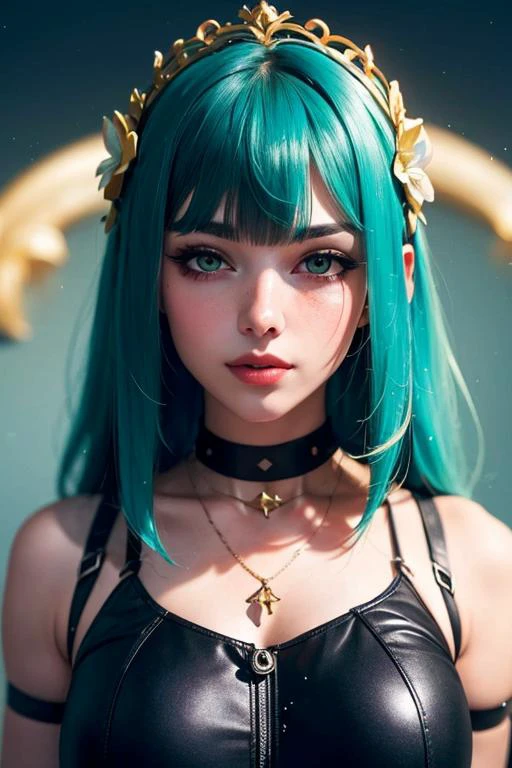 ambrosia Masterpiece volumetric lighting light particles, Beautiful anime (1girl|woman:1.2) (mature female:1.3), teal eyes, teal hair, bangs, will-o'-the-wisp \(mythology\), feathers, tiara, beads, necklaces, arrow, ambience synesthesia, armor, oroborus, oro, orange sunshine, quetzalcoatl, ((green|red):1.3), serpent, ( \(flower\):1.3),