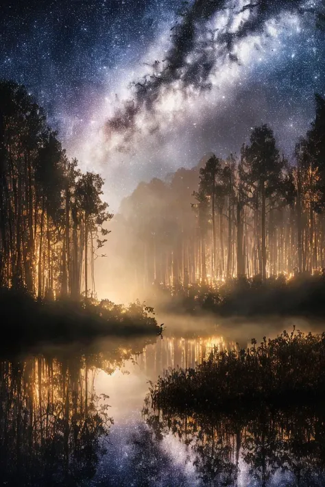 High quality, Ultra high definition, 8k, hdr, masterpiece, volumetric lighting, Beautiful, forest, water, stars, foggy, fireflies, (((night,dark scene, dim lit))), highres,