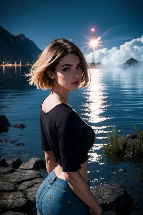 High quality, Ultra high definition, 8k, UHD, HDR, (Masterpiece)  Raw image, highres, (Photograph:1.3) (Ultrarealistic:1.3),Highly Detailed,(close portrait:1.3),(Feminine:1.4),(beautiful:1.4),(attractive:1.3),calendar pose,perfectly detailed eyes,studio lighting, cliff, (best quality), light shining through prism, ethereal, Volumetric lighting, Cycles rendering, Unreal Engine 5, parhelia, optical flares,  Chromatic aberration, FOV90, Depth of field, Exposure, Macro, High dynamic range, Rule of thirds, Shutter 1/60, Telephoto, Wide-angle, Vignetting, White balance, Light painting, Particle effect, (dust, gust of wind:1.07), complex, ultra detailed, photorealistic, 8k, anatomically accurate, High Resolution, Retina, Professional photograph, (Orange|Black|Green) Sunshine, gold filigree , natural, cinematic, post combat, high contrast BREAK 
(Happy:1.3)  woman, checkered red black shirt, jeans, staring at the viewer, (checkered red and black shirt), (blue jeans), eye shadow, shining pupil, steaming body, wavyhair, skirt, ass, Beautiful,  aqua eyes, blonde hair, swaying in the wind, closed mouth, earrings, staring at viewer, jewelry, shirt, short hair, mountain, solo, water, reflection BREAK
forest, water, stars, foggy, fireflies, (((night,dark scene, dim lit))),