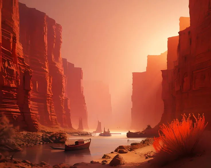 A narrow canyon in a desert, scrub bushes and an occasional cactus. String wind blows sand and dust in the air. A stream, a broken row boat. Red gold sunset.
High Contrast, High Saturation, Highly detailed, high quality, masterpiece, ethereal, particle effect, (dust, gust of wind:1.07), volumetric light, light rays, gold filigree, vibrant colors, depth of field.
<lora:landscapes-6-2023-04-27-120356-6faaedf2:0.5>
<lora:snowlight:1>