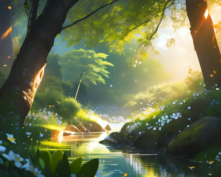 panorama, panoramic shot, scenery, (glowing:1.2), clear water, glistening water, overgrown flowers, hillside, fireflies, glowing fireflies, glowing clouds, flower trees, sakura covered, white rose, lily, forest, sky, blue theme, big moon above, summer rain, ray tracing reflections
High Contrast, High Saturation, Highly detailed, high quality, masterpiece, ethereal, particle effect, (dust, gust of wind:1.07), volumetric light, light rays, gold filigree, vibrant colors, depth of field.
<lora:landscapes-6-2023-04-27-120356-6faaedf2:0.5>
<lora:lightV1:1>