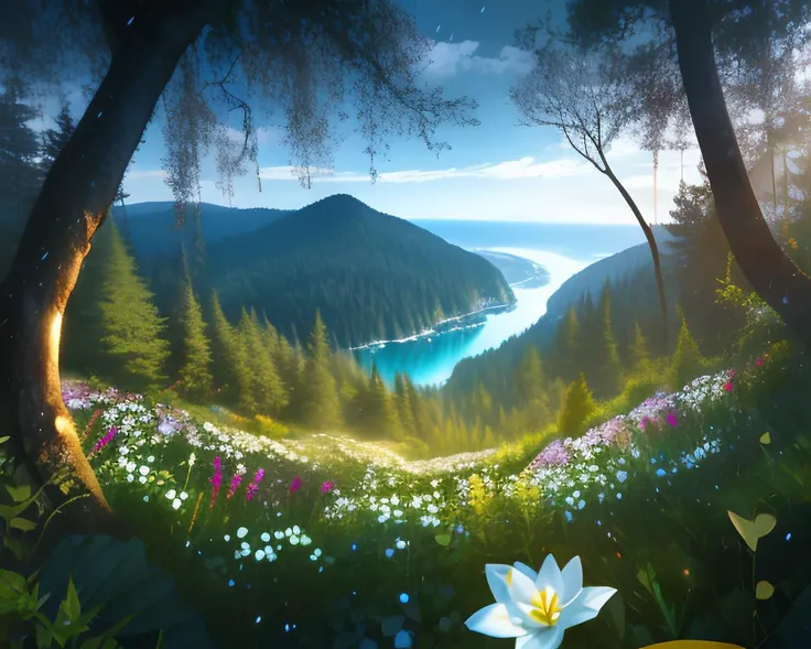 panorama, panoramic shot, scenery, (glowing:1.2), clear water, glistening water, overgrown flowers, hillside, fireflies, glowing fireflies, glowing clouds, flower trees, sakura covered, white rose, lily, forest, sky, blue theme, big moon above, summer rain, ray tracing reflections
High Contrast, High Saturation, Highly detailed, high quality, masterpiece, ethereal, particle effect, (dust, gust of wind:1.07), volumetric light, light rays, gold filigree, vibrant colors, depth of field.
<lora:landscapes-6-2023-04-27-120356-6faaedf2:0.5>
<lora:lightV1:1>
