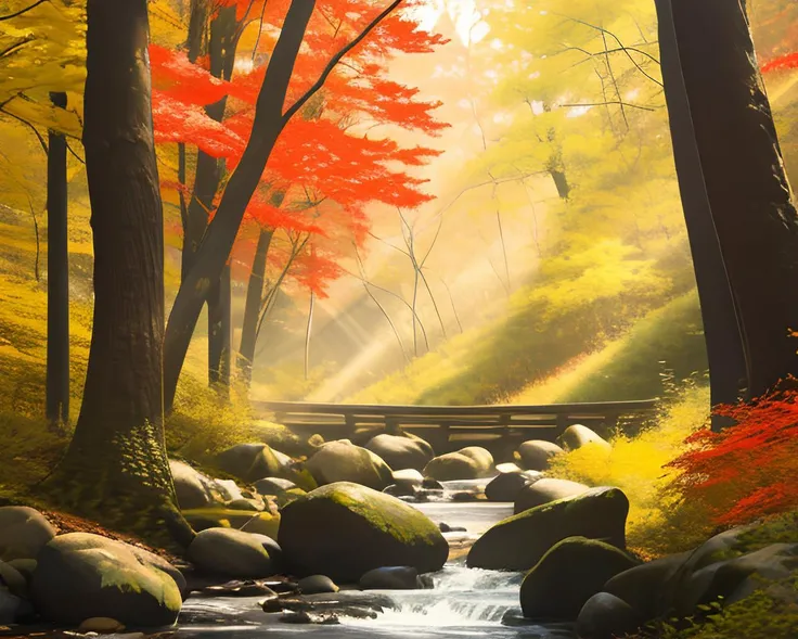 View in a dense forest in autumn. Uneven ground, many large trees, leaves turning red-gold, small rocks on the ground, a (stream crossed by a small wooden bridge), red gold yellow leaves blowing in the wind.
High Contrast, High Saturation, Highly detailed, high quality, masterpiece, ethereal, particle effect, (dust, gust of wind:1.07), volumetric light, light rays, gold filigree, vibrant colors, depth of field.
<lora:lightV1:1>