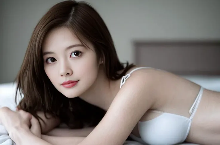 best quality, 1girl, solo,Mai Shiraishi, <lora:MaiShiraishi:0.93>, photo realistic, bedroom sexy pose, look at viewer, upper body, white bikini, kkw-ph1, necklace
