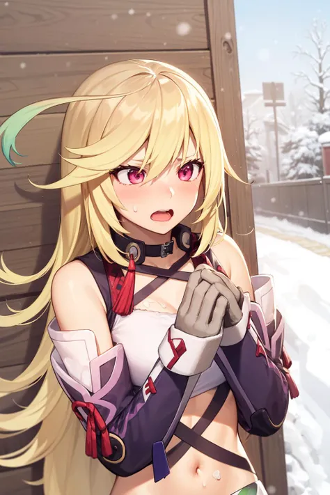 winter, landscape, snow, cold, sneezing, trembling, snot, breath, runny nose, outdoors, 1girl, solo, milla maxwell, <lora:milla:1>, , highres, absurdres,