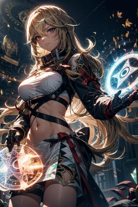 absurdres, (best quality), (masterpiece),(ultra-detailed:1.2),(photorealistic:1.2),(highres),elaborate ,upper body,
1girl,standing,angry,
<lora:milla:0.8> milla maxwell, milla-outfit,navel,
(magic circle:1.5) ,(hologram:1.5),(Oblong:1.3)fire magic,red magic circle,blue magic circle,green magic circle,yellow magic circle,
particles,night,abstract background,
<lora:anime_minimalist_v1-000020:-0.3>,
<lora:flat2:-0.5>,
<lora:LowRa:0.3>, dark theme,
