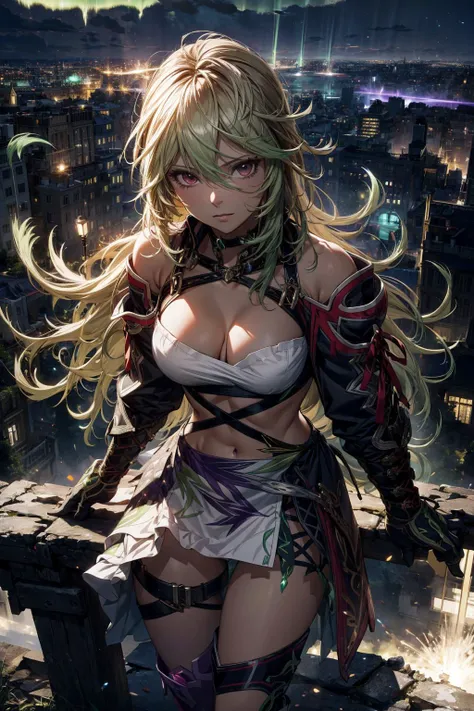 absurdres, (best quality), (masterpiece),(ultra-detailed:1.2),(photorealistic:1.2),(highres),elaborate ,baroque ,(from above:1.1),cowboy shot,
1girl,
<lora:milla:0.8> milla maxwell, milla-outfit,
(aurora:1.1),green particles,night,city light,green light,
<lora:anime_minimalist_v1-000020:-0.2>,
<lora:flat2:-0.5>,
<lora:LowRa:0.3>, dark theme,