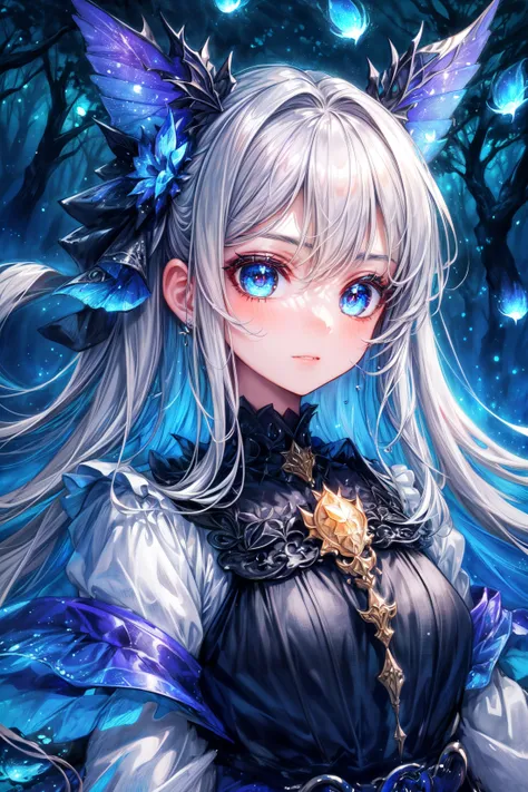 1girl, ethereal dress, standing in a mystical forest, looking at the viewer, fireflies illuminating the night, ((best quality, masterpiece, extreme details):1.2) ((detailed eyes, detailed face):1.2), <lora:add_detail:1> <lora:backlight_slider_v10:1> <lora:eye_size_slider_v1:2> <lora:eyebrows_slider_v2:3> <lora:age_slider_v2:-1>,