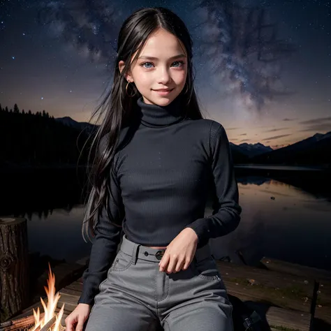 1girl, skinny, long hair, (full body:1.2), 16yo,
black hair, blue eyes, bright eyes, detailed eyes, glossy lips, (earrings:1.2), big smile, freckles,
outdoors,
sitting on log by campfire, wilderness, lake, panoramatic view,
((Hasselblad photography)), finely detailed skin, sharp focus, (cinematic lighting), soft lighting, direct lighting, epiCPhoto,
<lora:VirtualGirl-Ren:0.4>, VirtualGirl-Ren, ((flat-chested, male chest)),
<lora:eyebrows_slider_v1:-2>,
<lora:StL_Detail:0.3>,
 wearing ((black) techwear trousers) with buckle and tape, (grey turtleneck:1.4),
<lora:hoshizora:0.4> hoshizora, (starry sky:1.2), night